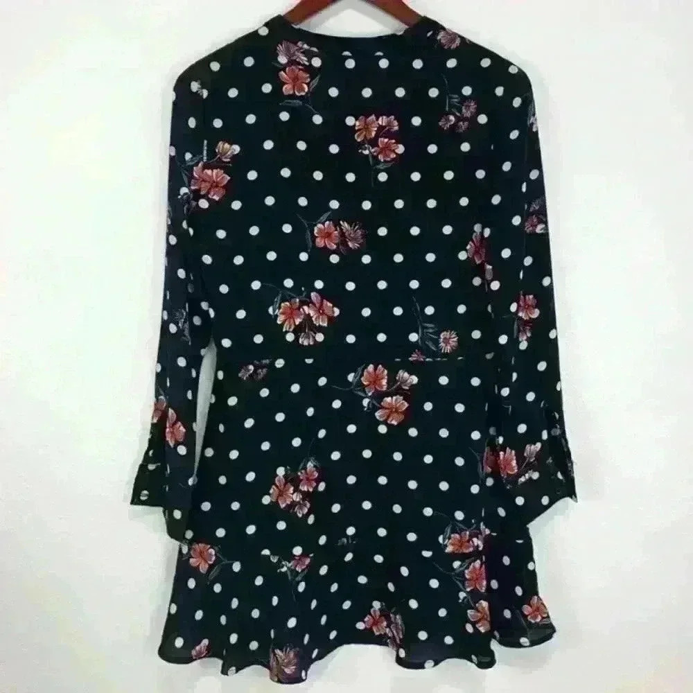 Aqua women’s long sleeve mandarin collar polka dot floral peplum mini dress S - Picture 3 of 10
